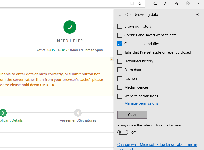 clear cache in edge